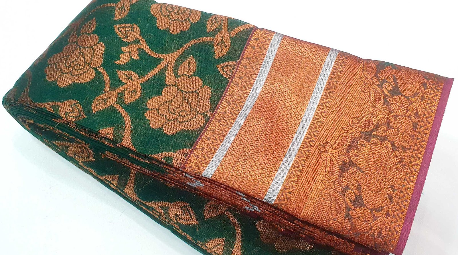 Dark Green and Gold Big Border Silk Cotton Saree - Image 2