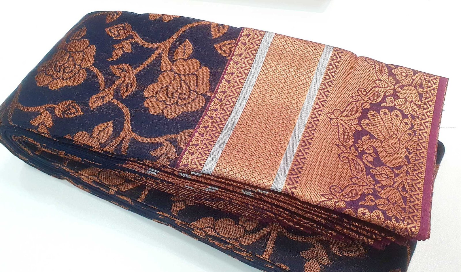 Navy Blue and Big Border Gold Silk Cotton Saree