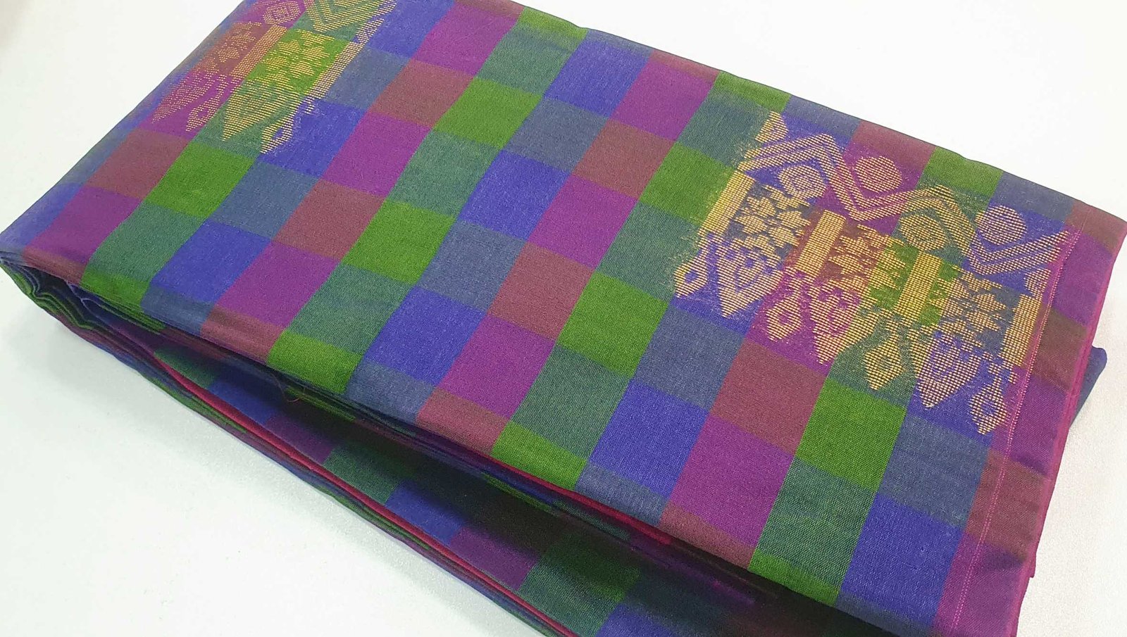 Blue and Olive Green Multicolor with Gold Silk Cotton Saree - Image 2