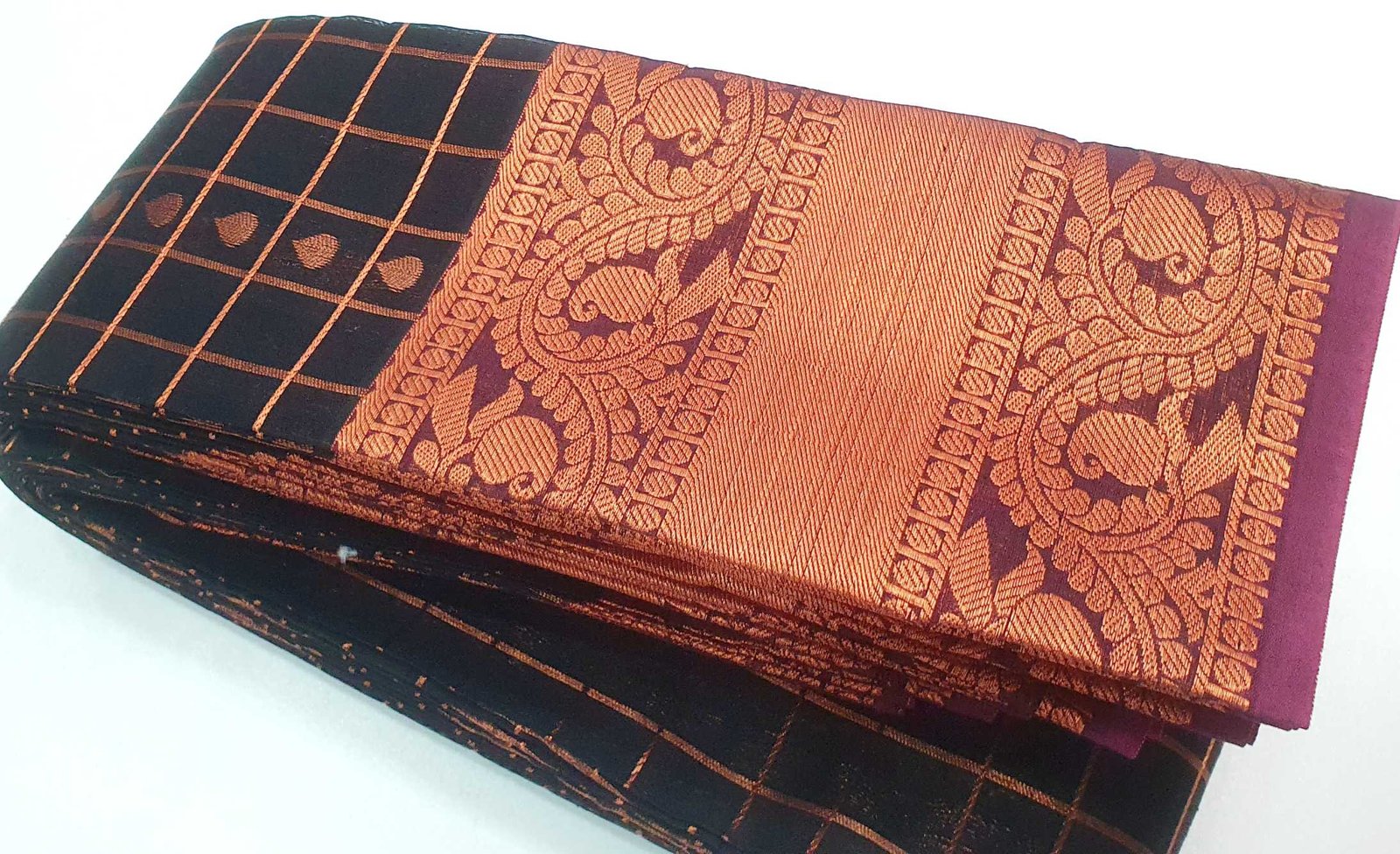 Black and Copper Gold Big Border Silk Cotton Saree - Image 2