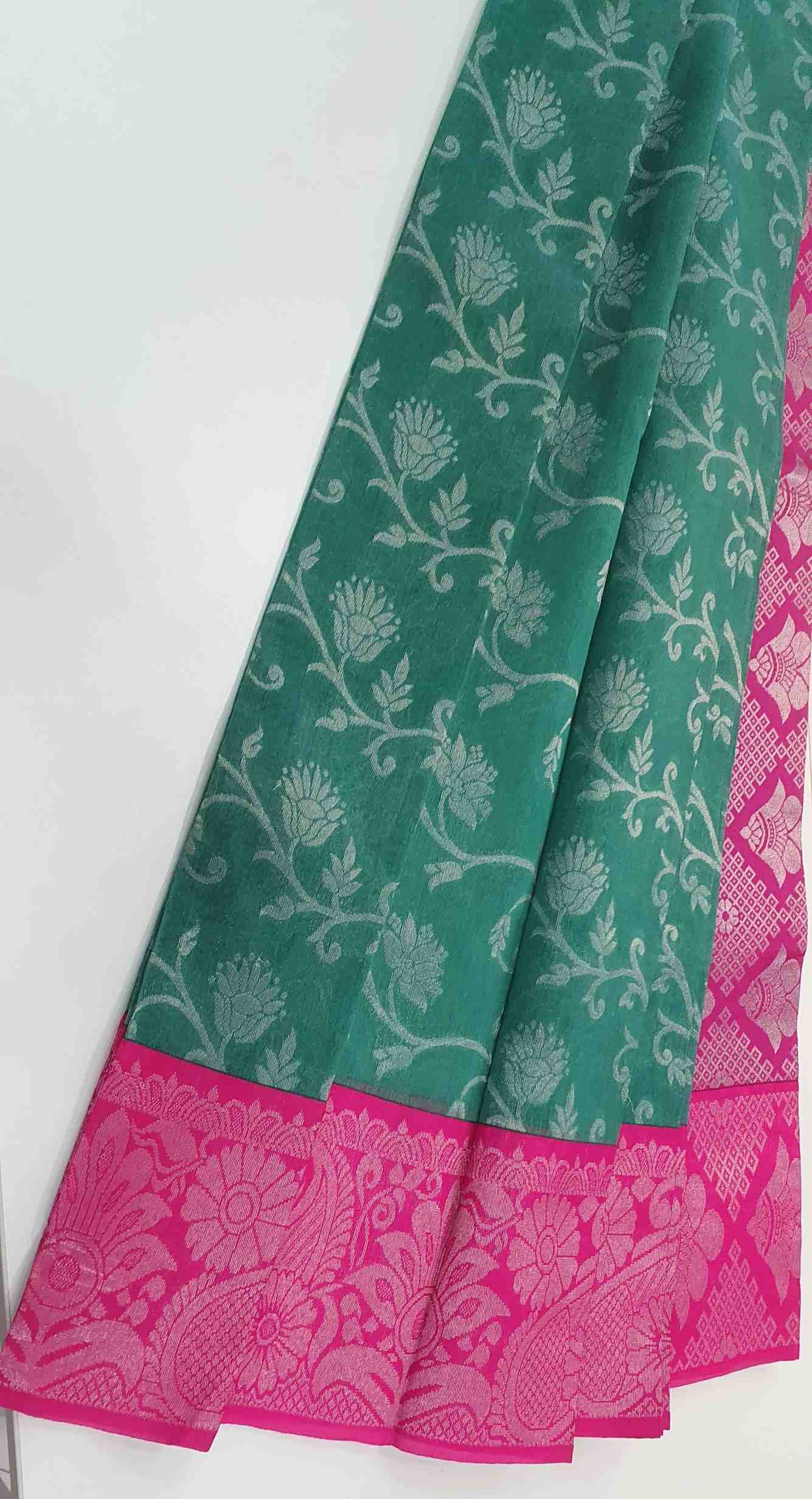 Peacock Green and Pink Silver Border Silk Cotton Sarees Peacock Green and Pink Silver Border Silk Cotton Sarees