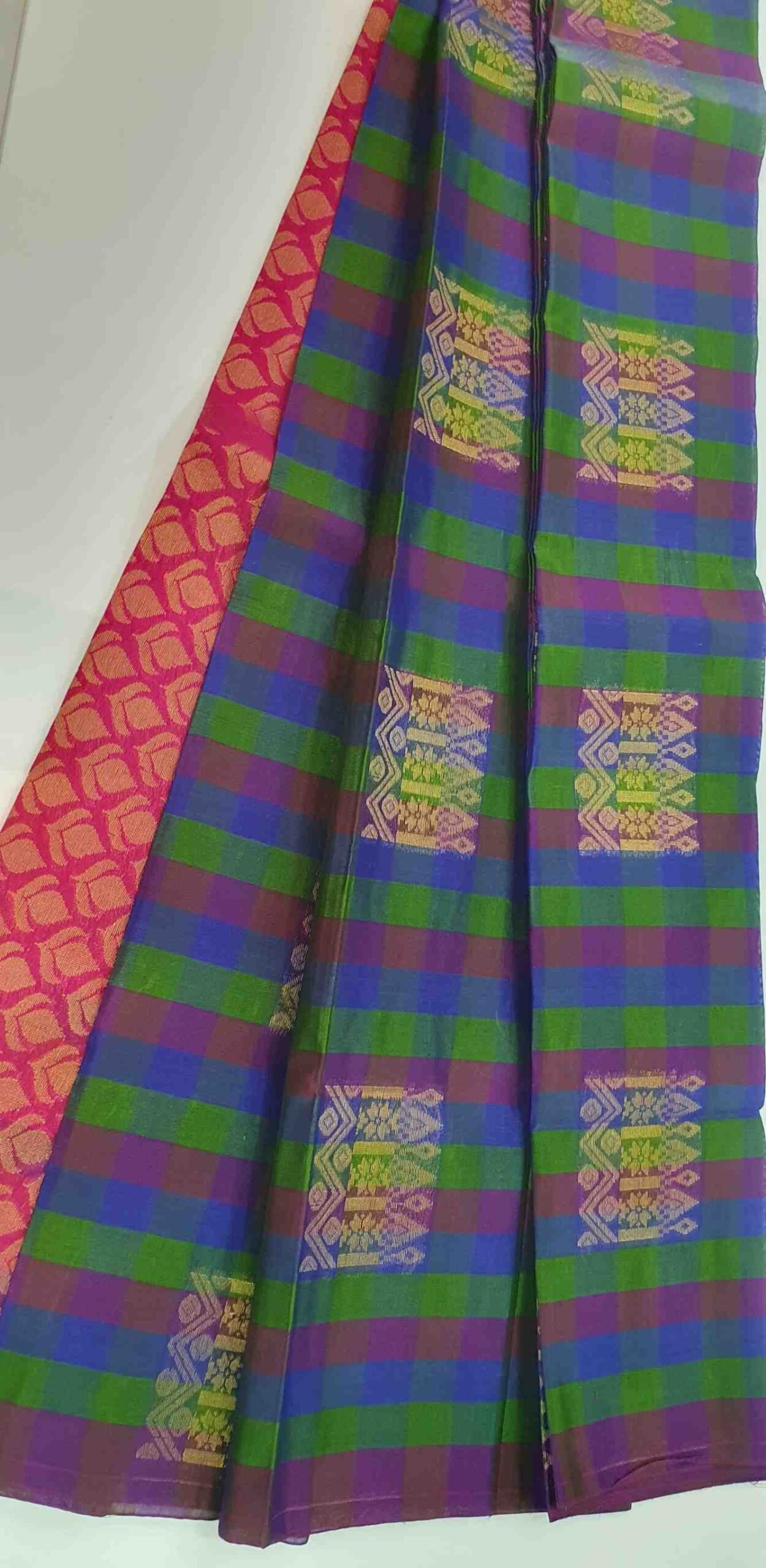 Blue and Olive Green Multicolor with Gold Silk Cotton Saree