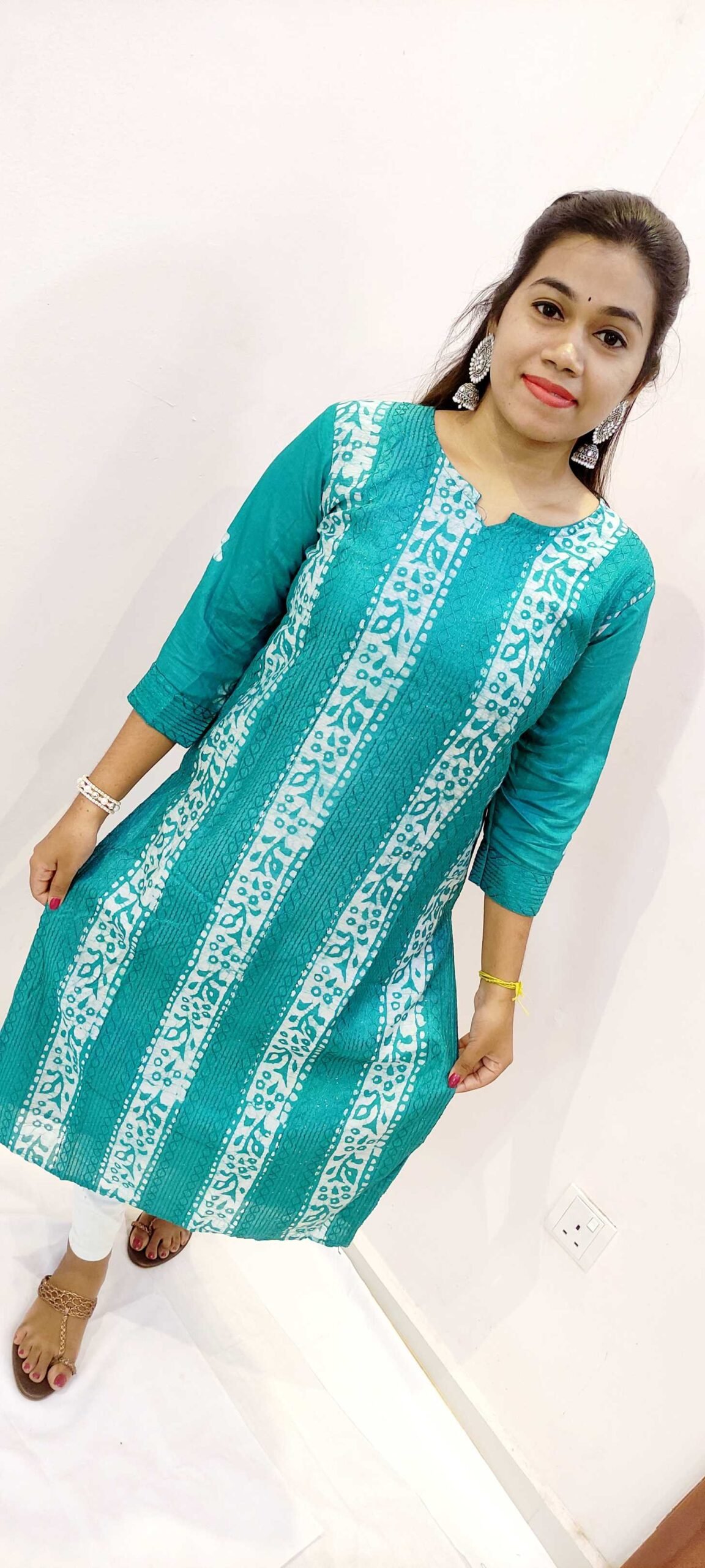 Peacock Blue and White Side Open Casual Women Kurthi Top - Image 2