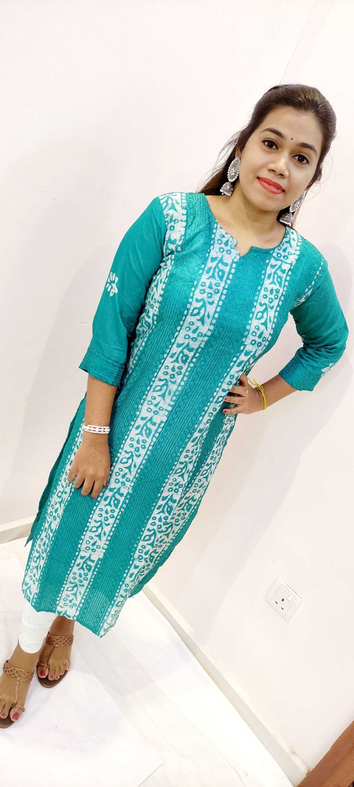 Peacock Blue and White Side Open Casual Women Kurthi Top - Image 3