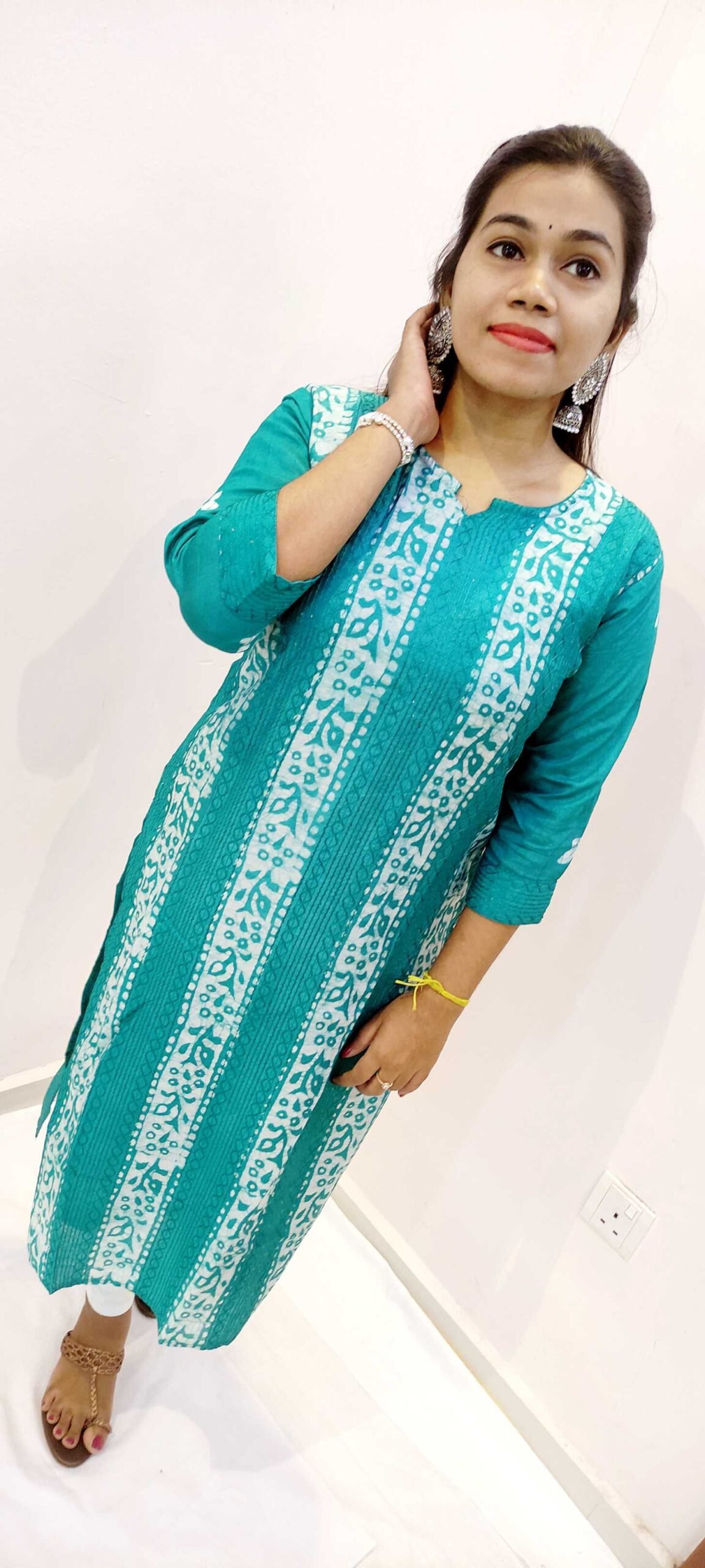 Peacock Blue and White Side Open Casual Women Kurthi Top
