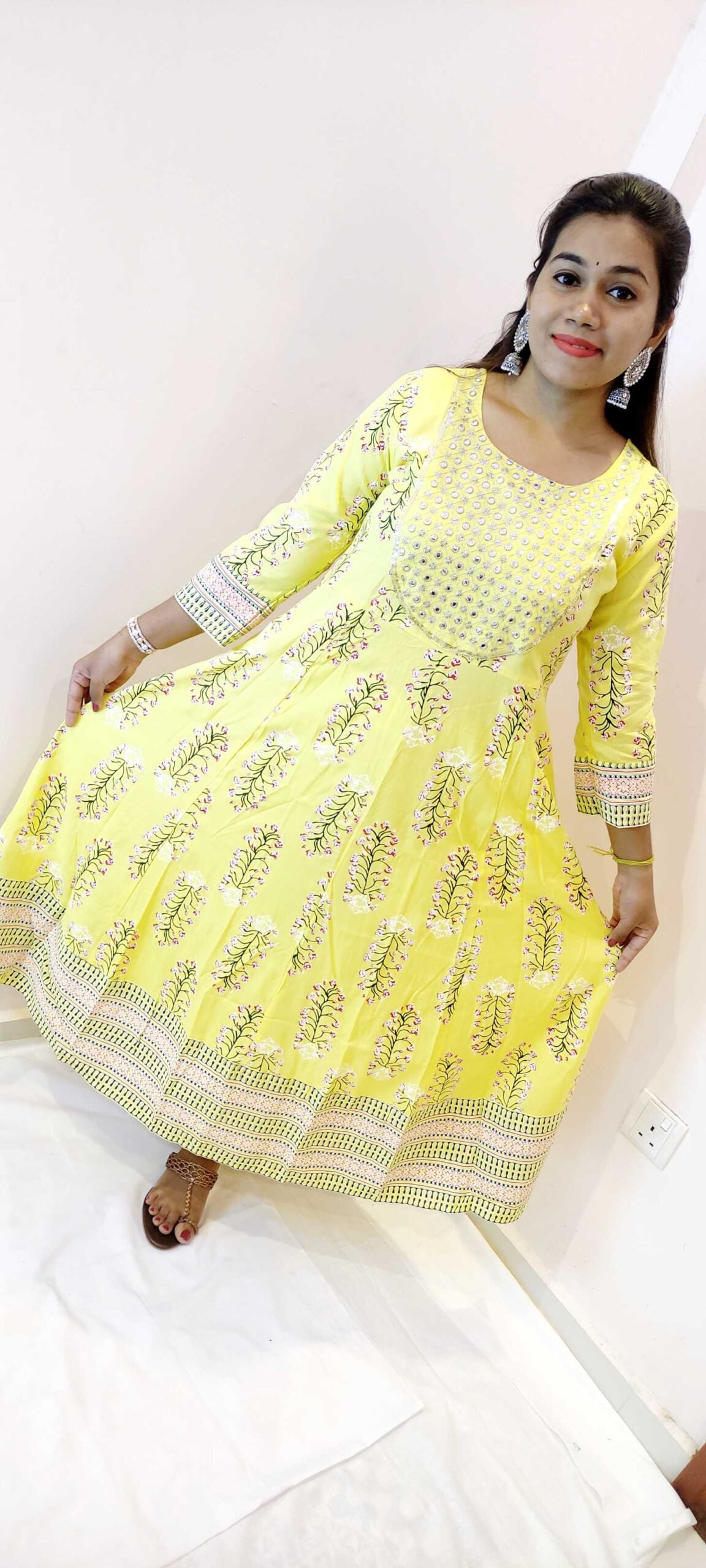 Yellow and White Women Frock Style Kurthi - Image 3