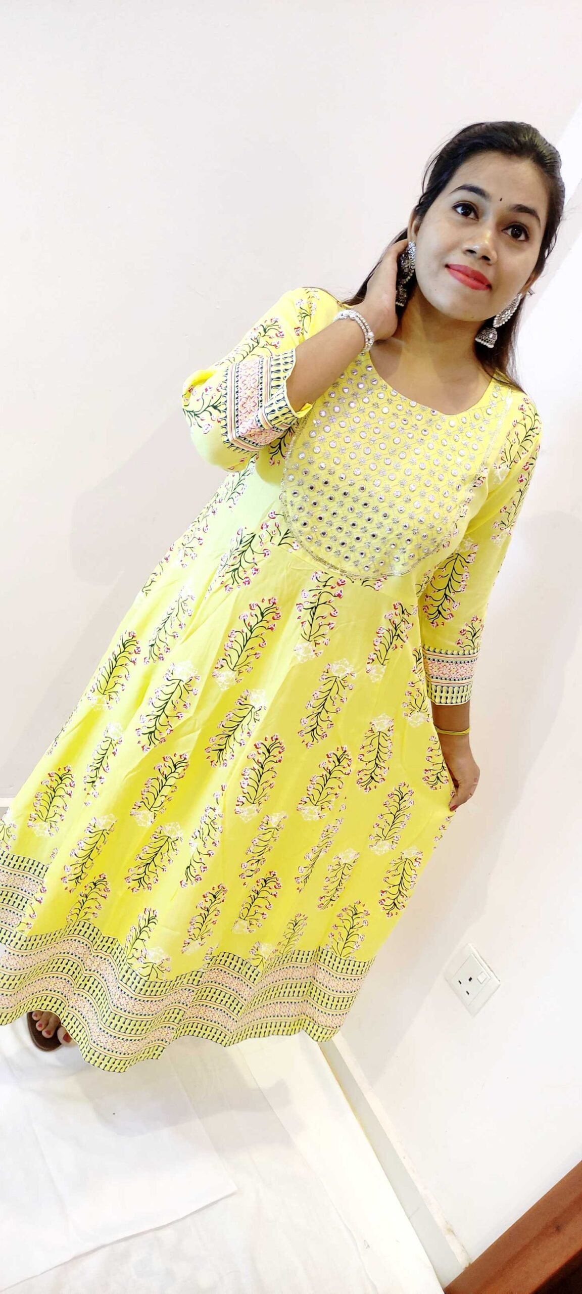Yellow and White Women Frock Style Kurthi - Image 6