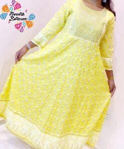 Yellow and Silver Women Frock Style Kurthi