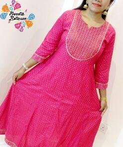 Pink and Gold Women Frock Style Kurthi