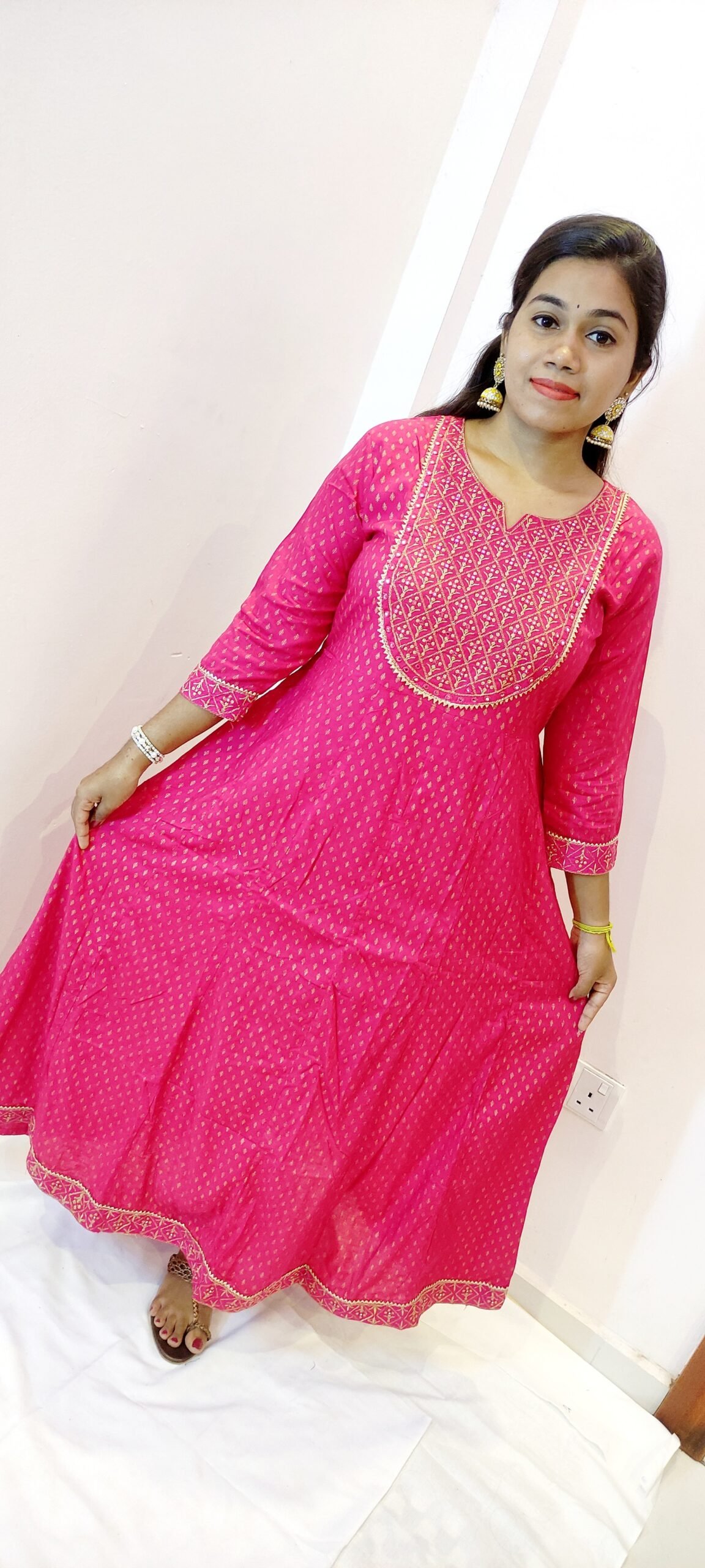 Pink and Gold Women Frock Style Kurthi Pink and Gold Women Frock Style Kurthi