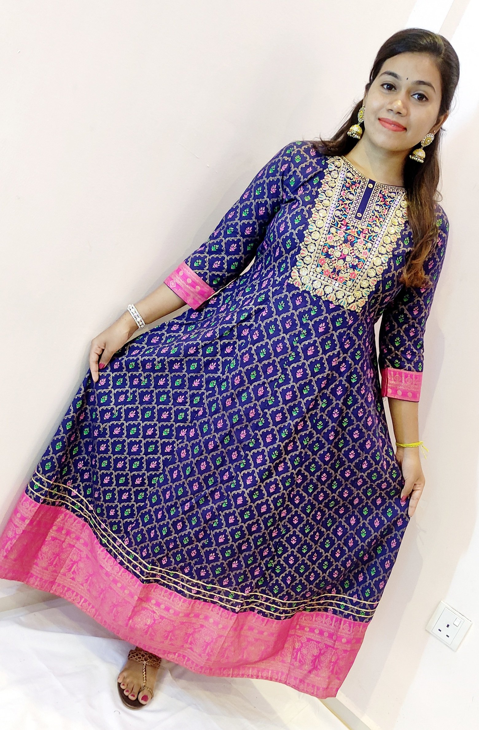 Royal Blue and Pink Border Women Frock Style Kurthi