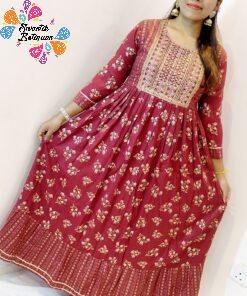 Marroon and Gold Women Frock Style Kurthi