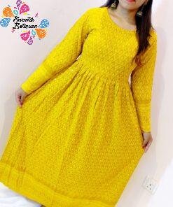Golden Yellow Chikankari Women Frock Style Kurthi