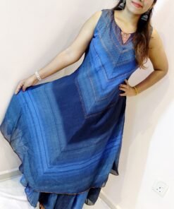 Pigeon Blue and Light Blue With Gold Women Frock Style Kurthi Pigeon Blue and Light Blue With Gold Women Frock Style Kurthi