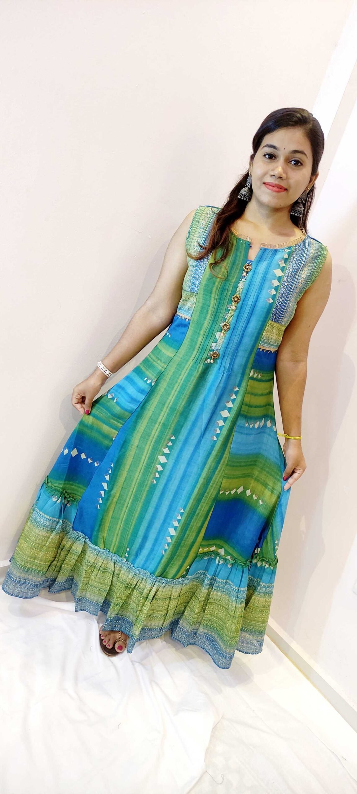 Light Green and Light Blue With Gold Women Frock Style Kurthi Light Green and Light Blue With Gold Women Frock Style Kurthi