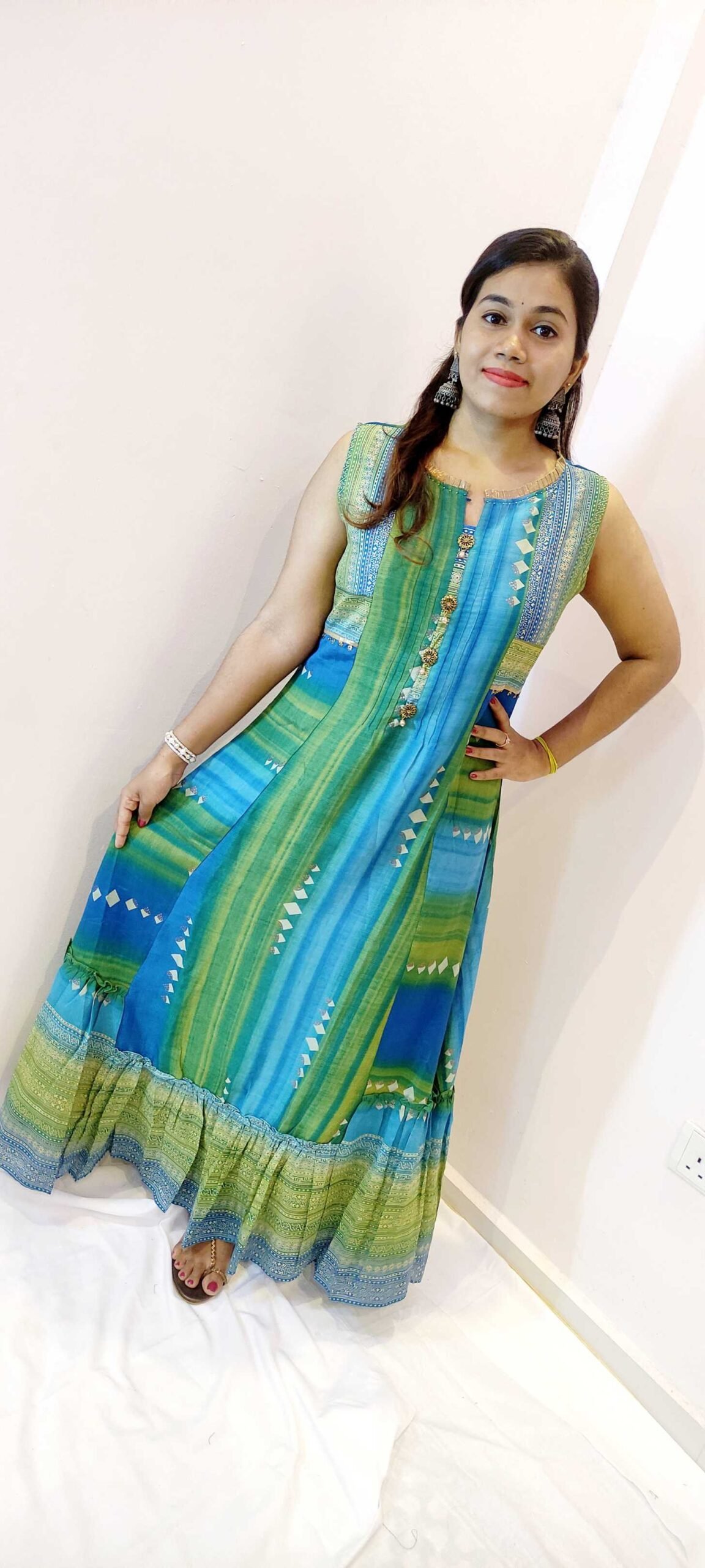 Light Green and Light Blue With Gold Women Frock Style Kurthi Light Green and Light Blue With Gold Women Frock Style Kurthi - Image 4