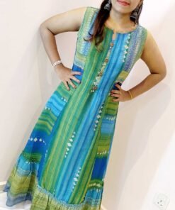 Light Green and Light Blue With Gold Women Frock Style Kurthi Light Green and Light Blue With Gold Women Frock Style Kurthi