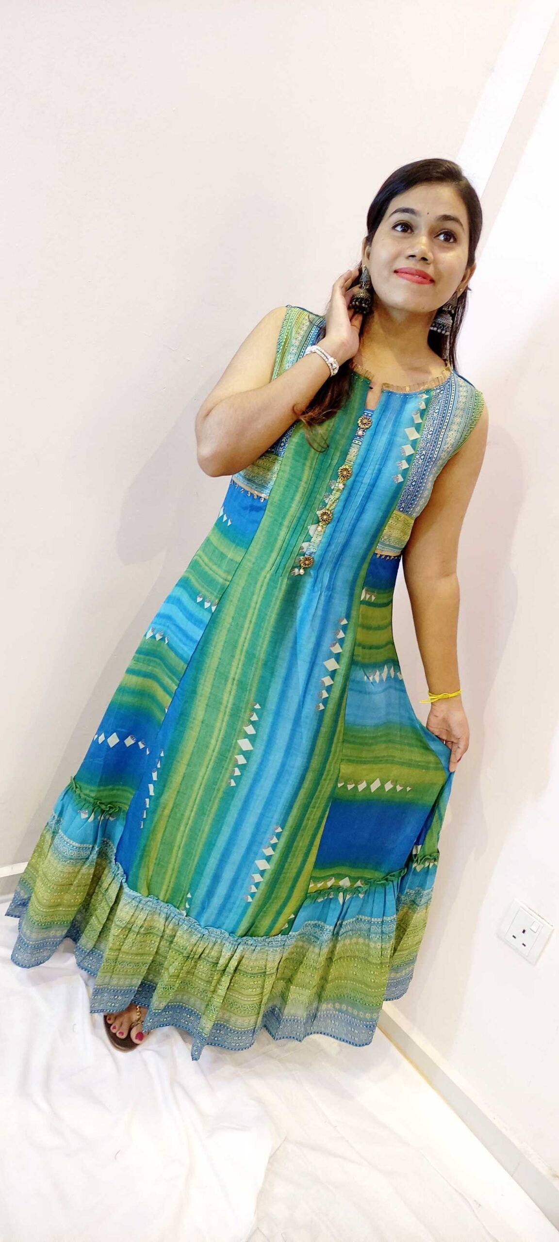 Light Green and Light Blue With Gold Women Frock Style Kurthi Light Green and Light Blue With Gold Women Frock Style Kurthi - Image 2