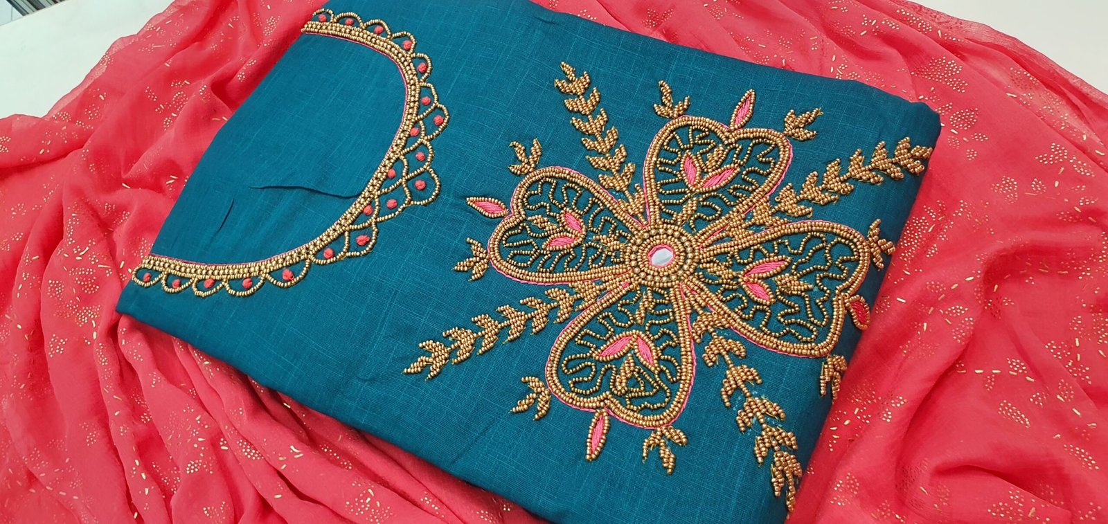 Blue and Pink Floral Aari Work Designer Shalwar Material