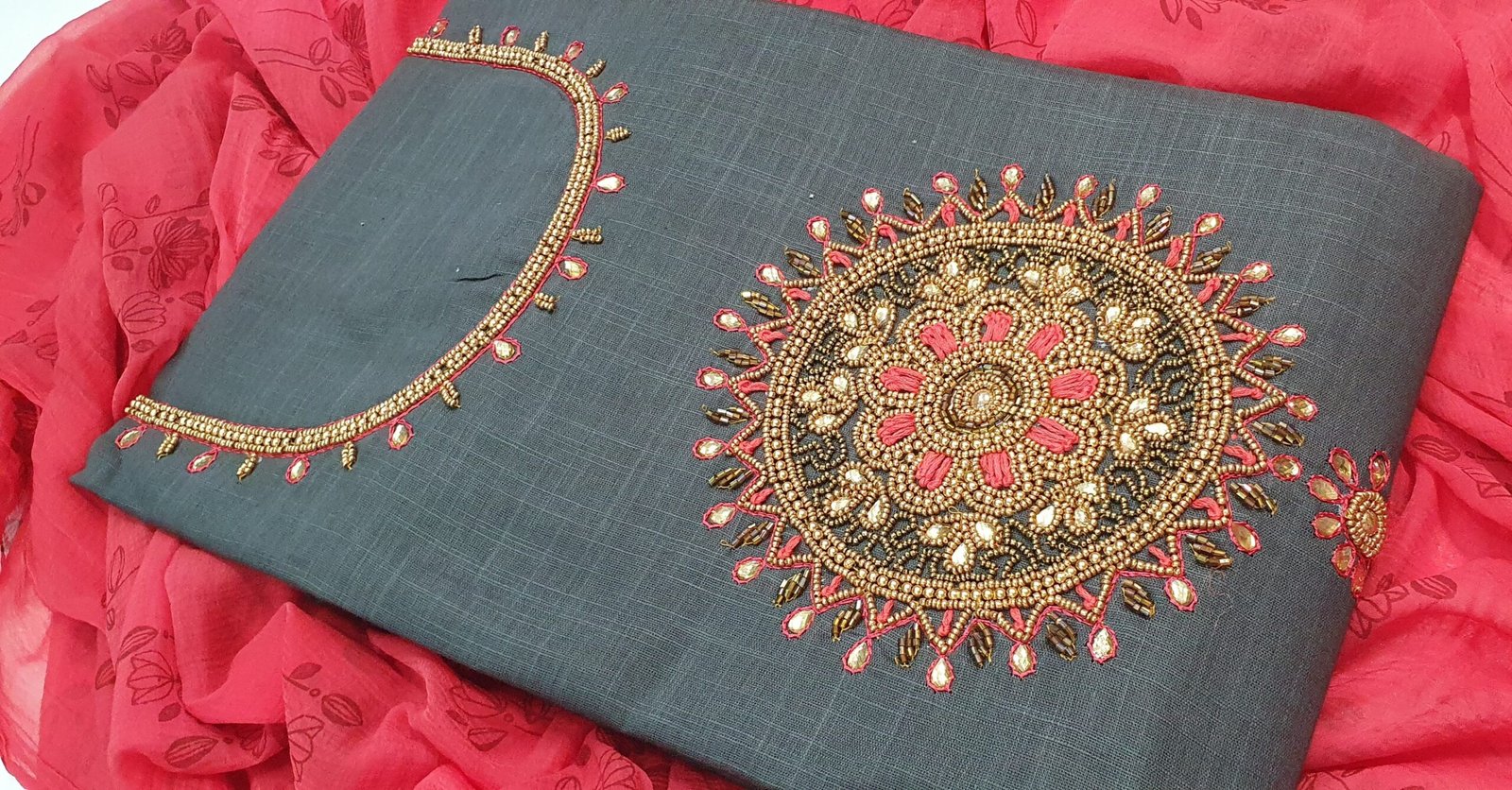 Dark Grey and Light Pink Chakra Aari Work Designer Shalwar Material Dark Grey and Light Pink Chakra Aari Work Designer Shalwar Material