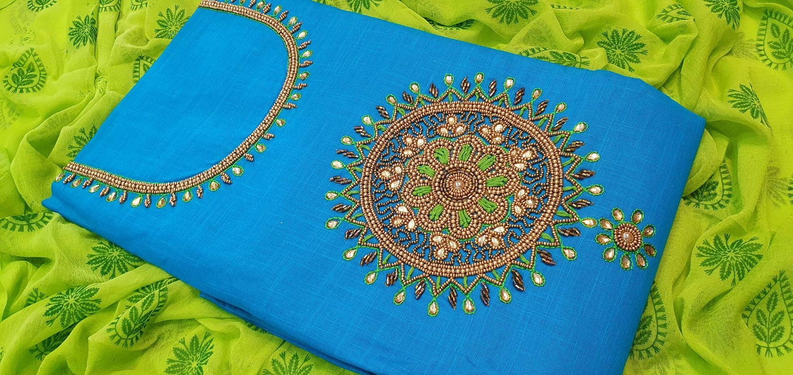 Light Blue and Lime Green Chakra Aari Work Designer Shalwar Material Light Blue and Lime Green Chakra Aari Work Designer Shalwar Material