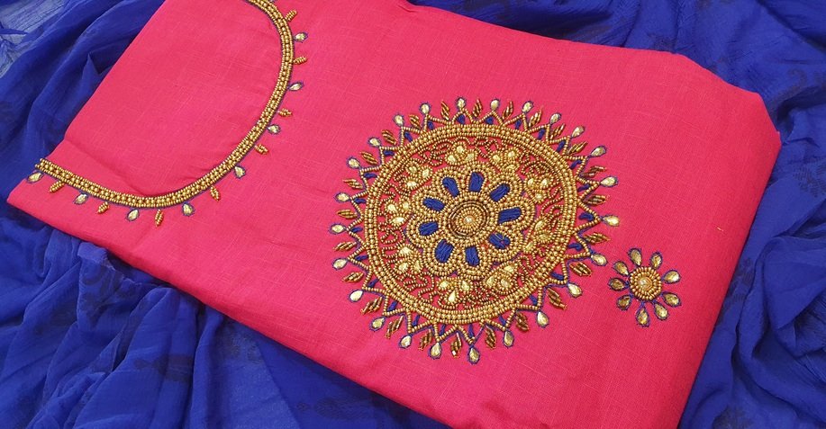 Pink and Blue Chakra Aari Work Designer Shalwar material Pink and Blue Chakra Aari Work Designer Shalwar material
