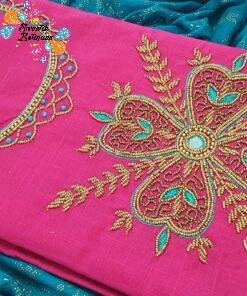 Pink and Blue Floral Aari Work Designer Shalwar material
