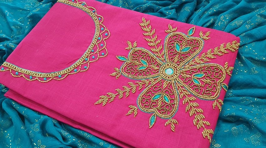 Pink and Blue Floral Aari Work Designer Shalwar material