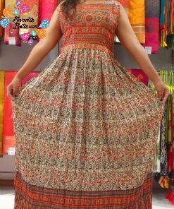 Orange With Multicolour Floral Frock Style Kurthi With Hip Belt Orange With Multicolour Floral Frock Style Kurthi With Hip Belt