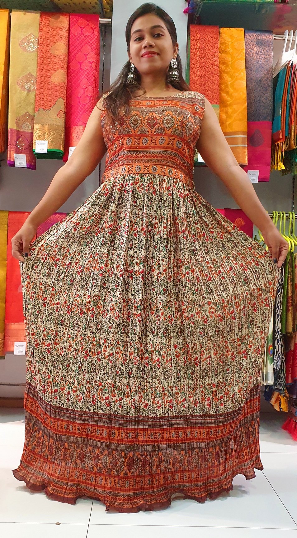 Orange With Multicolour Floral Frock Style Kurthi With Hip Belt Orange With Multicolour Floral Frock Style Kurthi With Hip Belt - Image 4