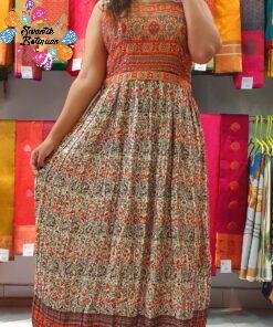 Orange With Multicolour Floral Frock Style Kurthi With Hip Belt Orange With Multicolour Floral Frock Style Kurthi With Hip Belt