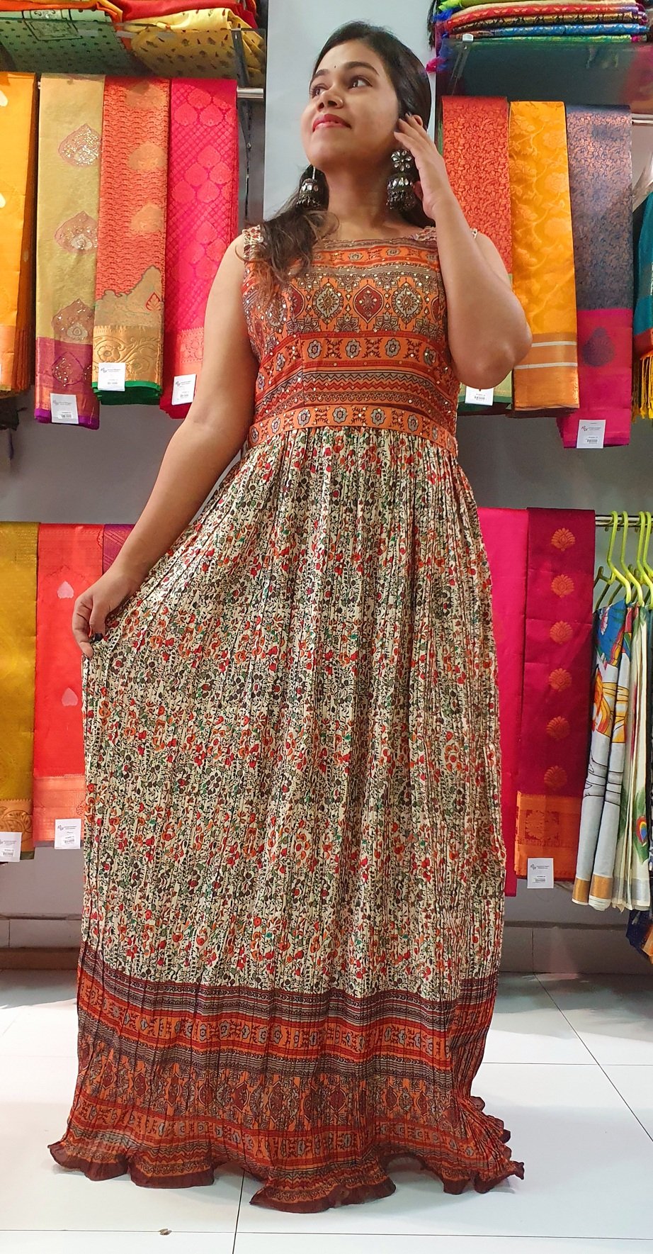 Orange With Multicolour Floral Frock Style Kurthi With Hip Belt Orange With Multicolour Floral Frock Style Kurthi With Hip Belt - Image 3