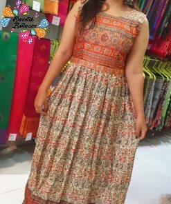 Orange With Multicolour Floral Frock Style Kurthi With Hip Belt Orange With Multicolour Floral Frock Style Kurthi With Hip Belt