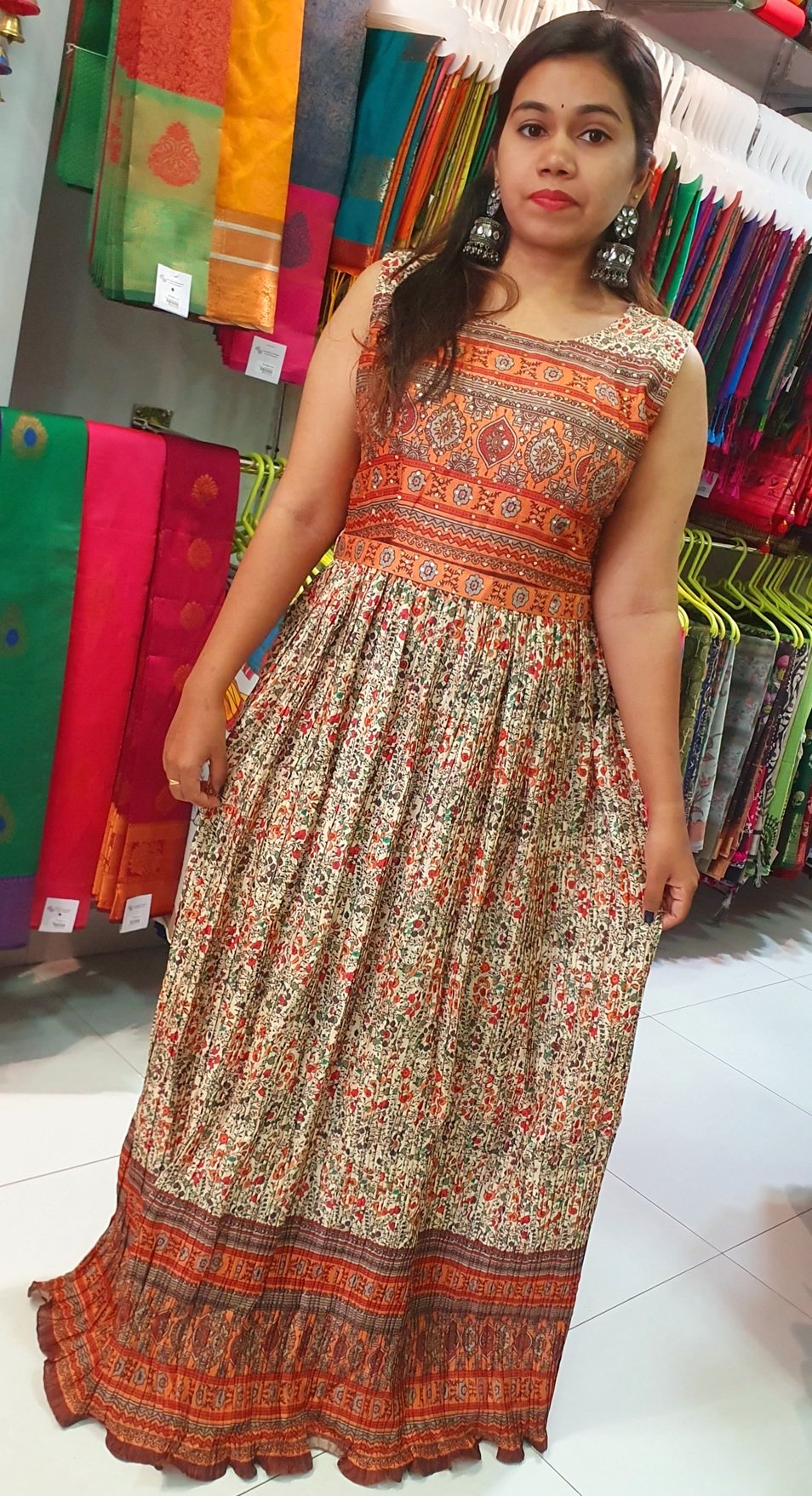 Orange With Multicolour Floral Frock Style Kurthi With Hip Belt Orange With Multicolour Floral Frock Style Kurthi With Hip Belt - Image 2