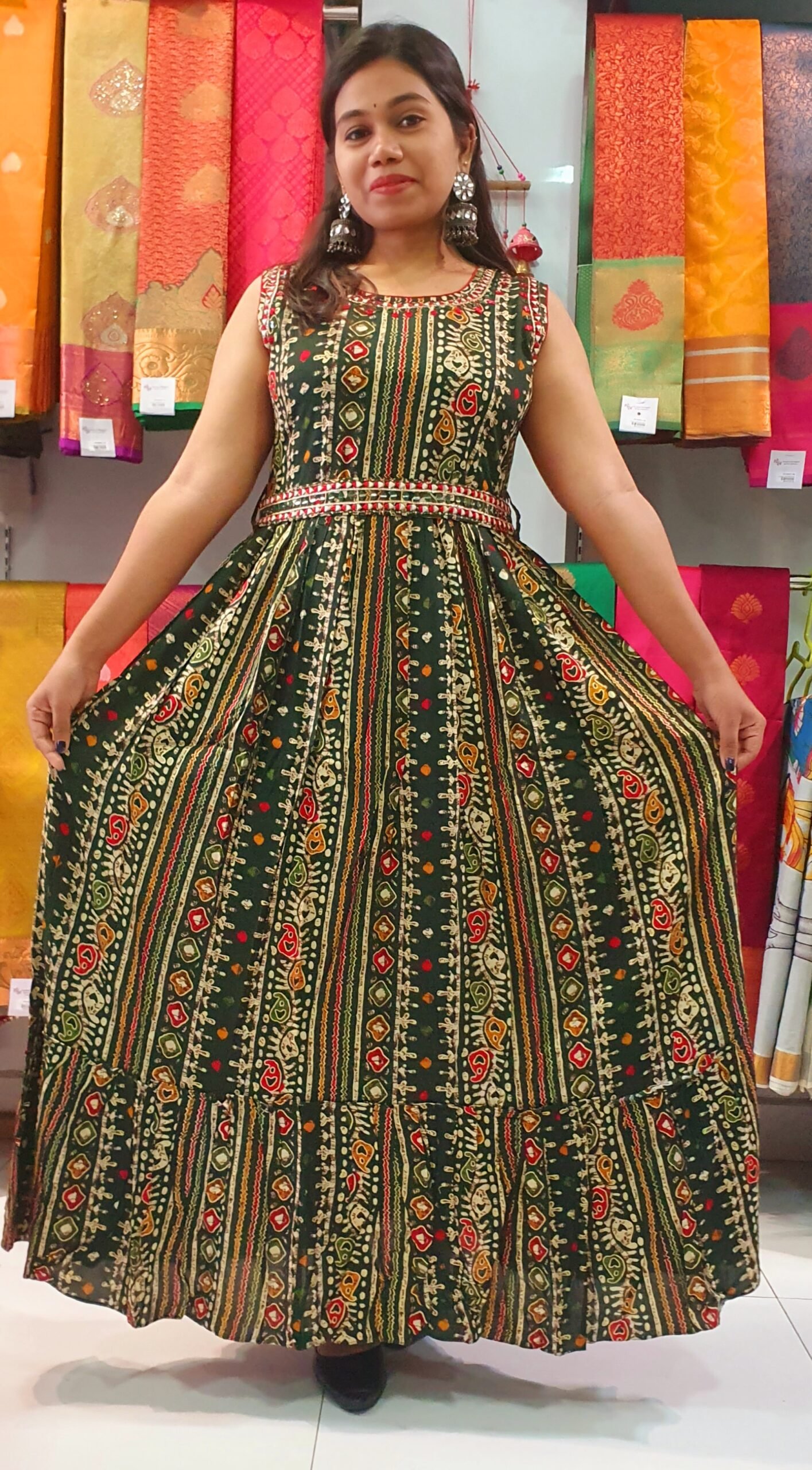 Olive Green and Multicolour Floral Frock Style Kurthi With Hip Belt Olive Green and Multicolour Floral Frock Style Kurthi With Hip Belt