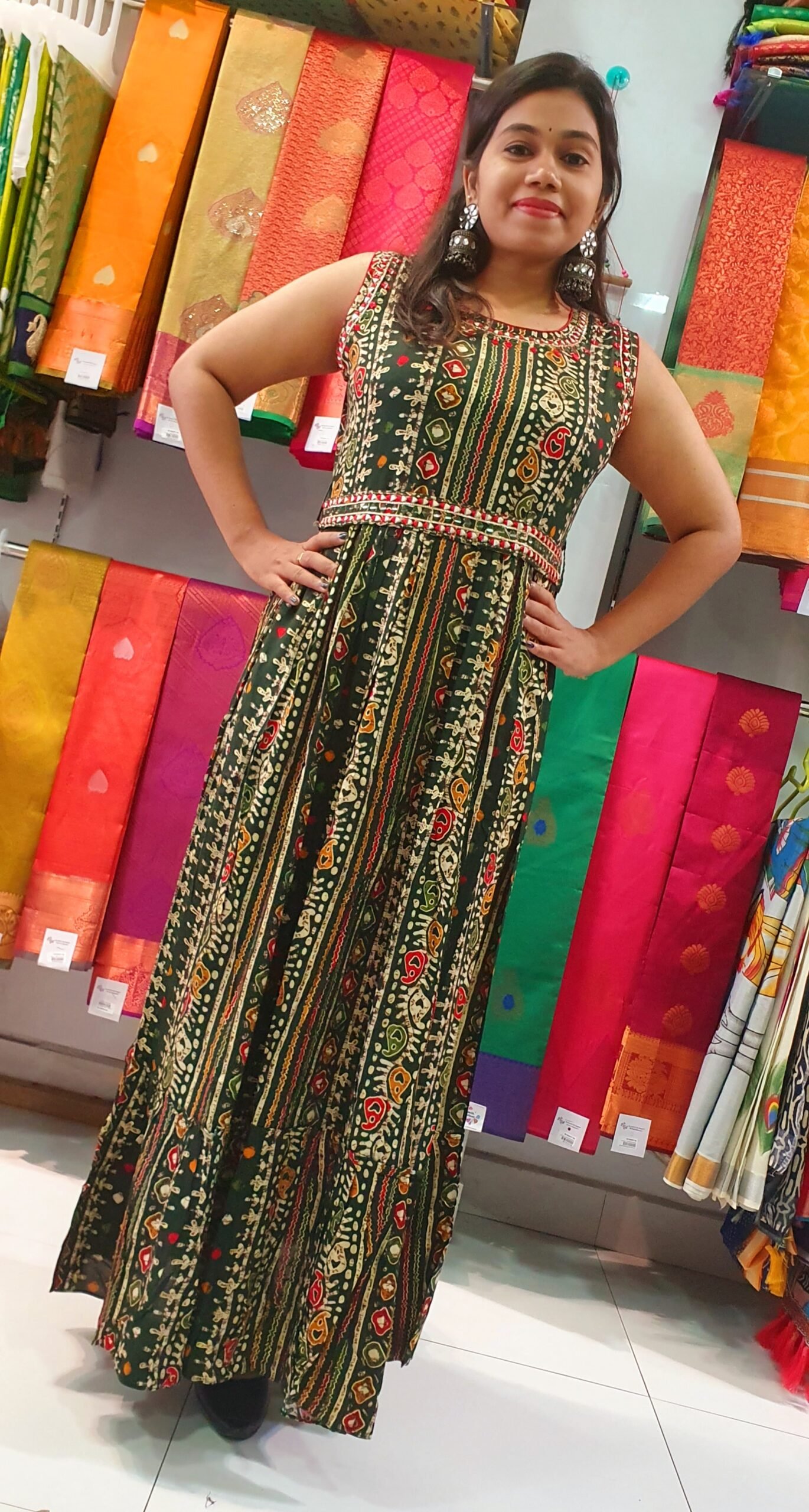 Olive Green and Multicolour Floral Frock Style Kurthi With Hip Belt Olive Green and Multicolour Floral Frock Style Kurthi With Hip Belt - Image 4