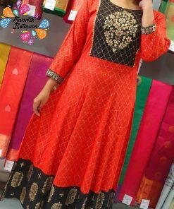 Orange and Black Gold Printed Frock Style Kurthi Orange and Black Gold Printed Frock Style Kurthi