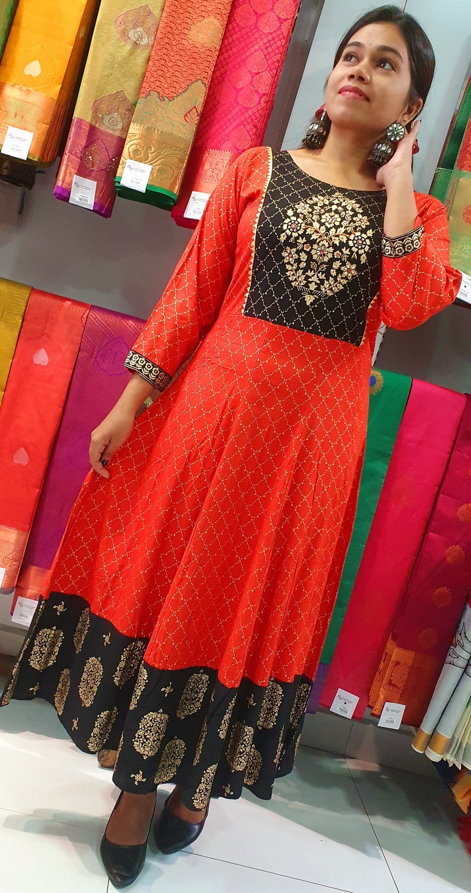 Orange and Black Gold Printed Frock Style Kurthi Orange and Black Gold Printed Frock Style Kurthi - Image 4