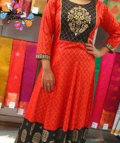 Orange and Black Gold Printed Frock Style Kurthi Orange and Black Gold Printed Frock Style Kurthi