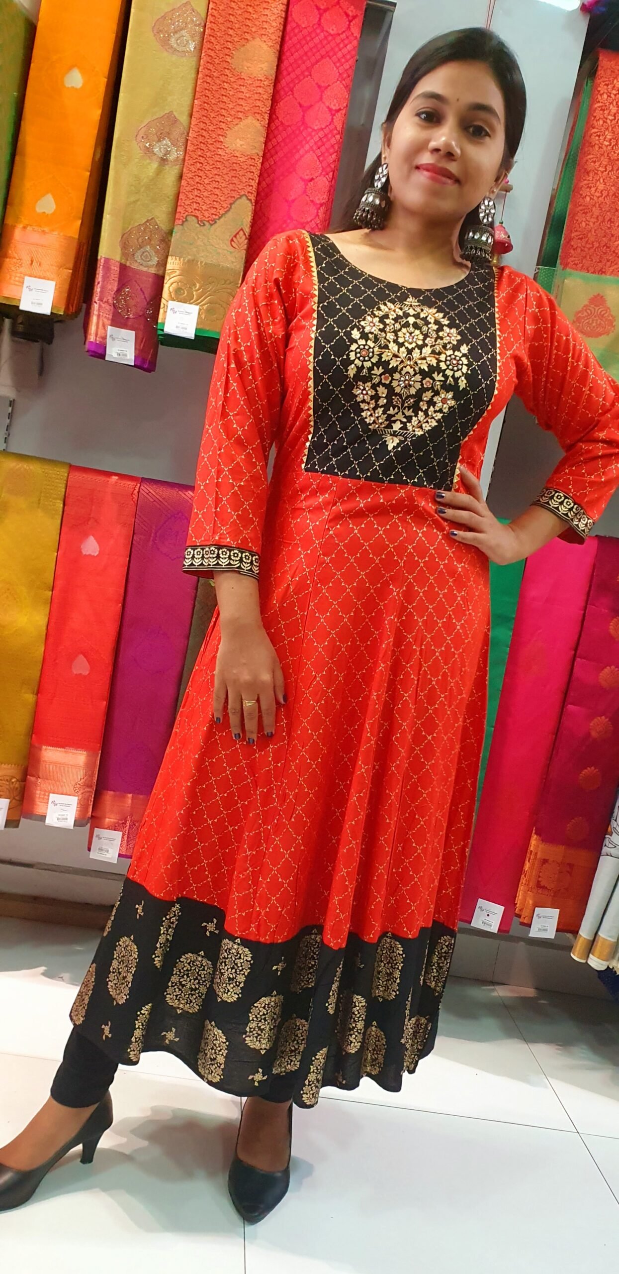 Orange and Black Gold Printed Frock Style Kurthi Orange and Black Gold Printed Frock Style Kurthi - Image 2