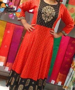 Orange and Black Gold Printed Frock Style Kurthi Orange and Black Gold Printed Frock Style Kurthi
