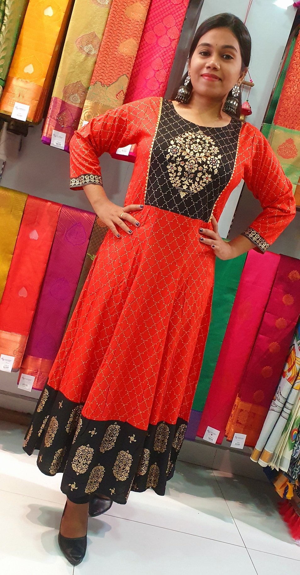Orange and Black Gold Printed Frock Style Kurthi Orange and Black Gold Printed Frock Style Kurthi - Image 3