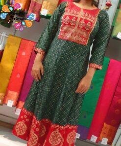 Dark Green and Marroon Gold Printed Frock Style Kurthi Dark Green and Marroon Gold Printed Frock Style Kurthi