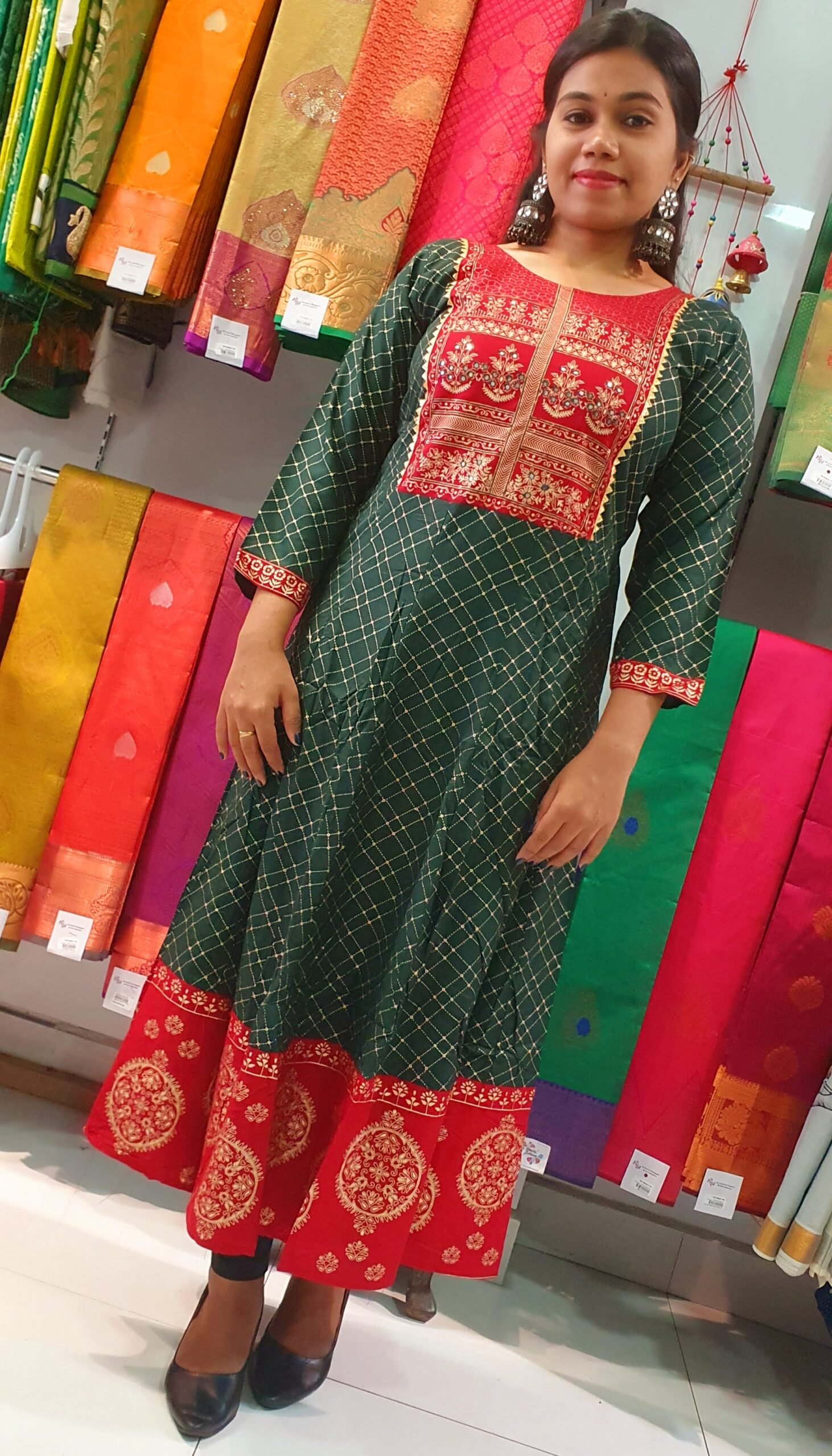 Dark Green and Marroon Gold Printed Frock Style Kurthi Dark Green and Marroon Gold Printed Frock Style Kurthi - Image 5