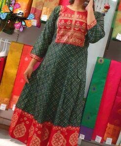 Dark Green and Marroon Gold Printed Frock Style Kurthi Dark Green and Marroon Gold Printed Frock Style Kurthi