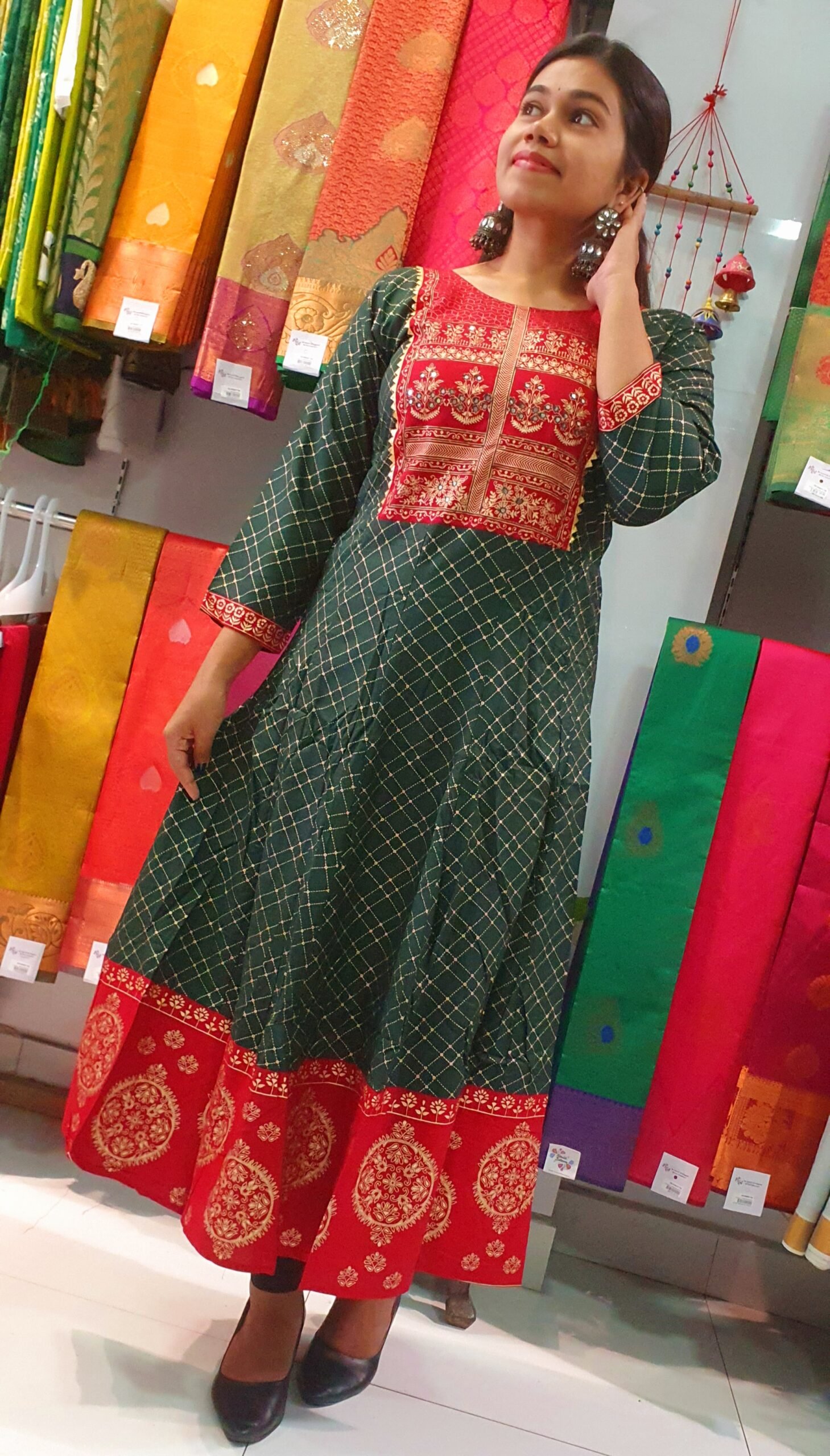Dark Green and Marroon Gold Printed Frock Style Kurthi Dark Green and Marroon Gold Printed Frock Style Kurthi - Image 4