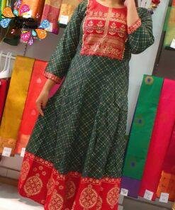 Dark Green and Marroon Gold Printed Frock Style Kurthi Dark Green and Marroon Gold Printed Frock Style Kurthi