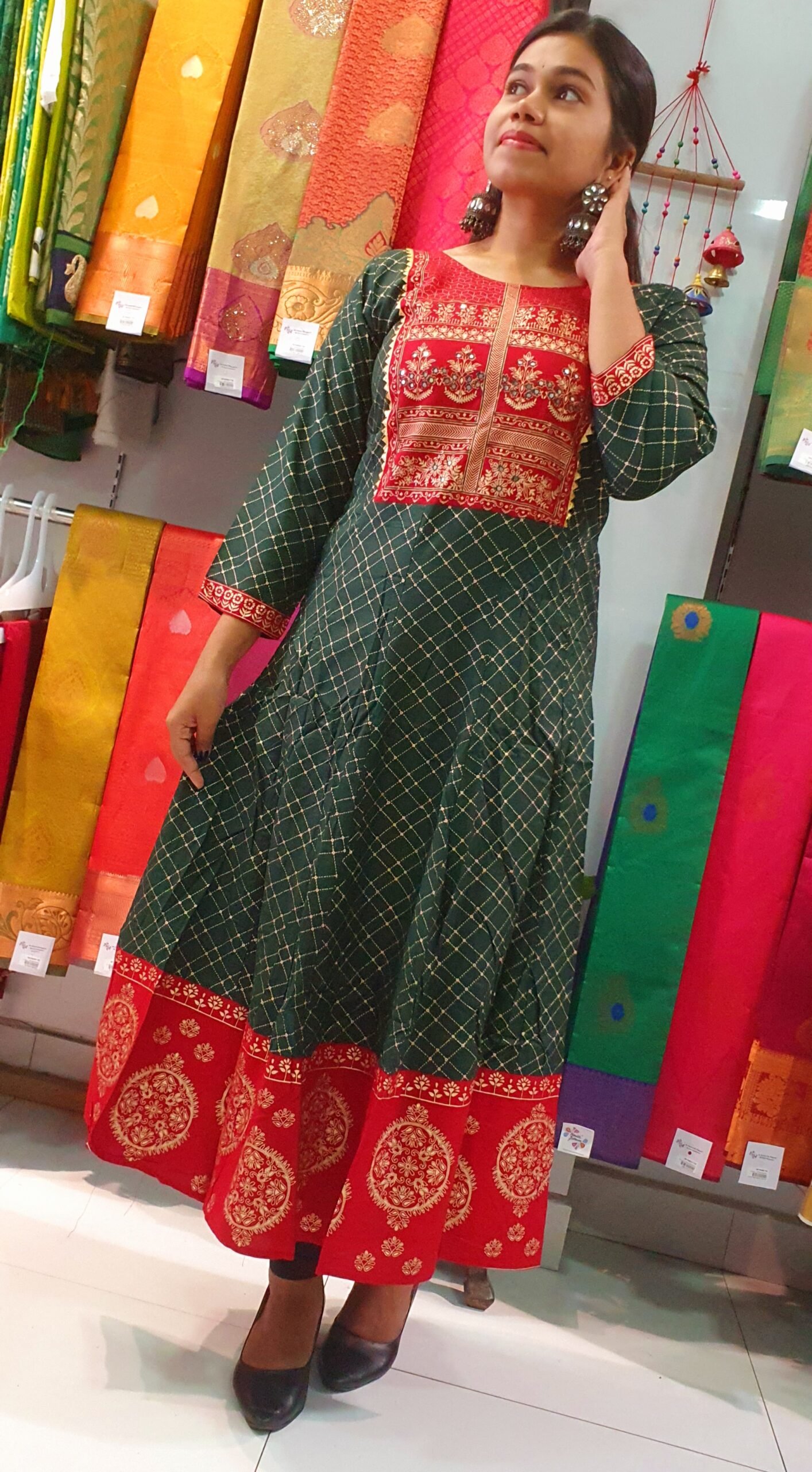 Dark Green and Marroon Gold Printed Frock Style Kurthi Dark Green and Marroon Gold Printed Frock Style Kurthi - Image 3