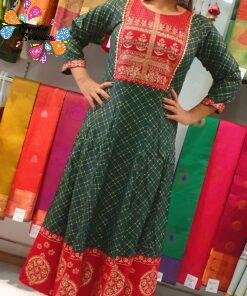 Dark Green and Marroon Gold Printed Frock Style Kurthi Dark Green and Marroon Gold Printed Frock Style Kurthi