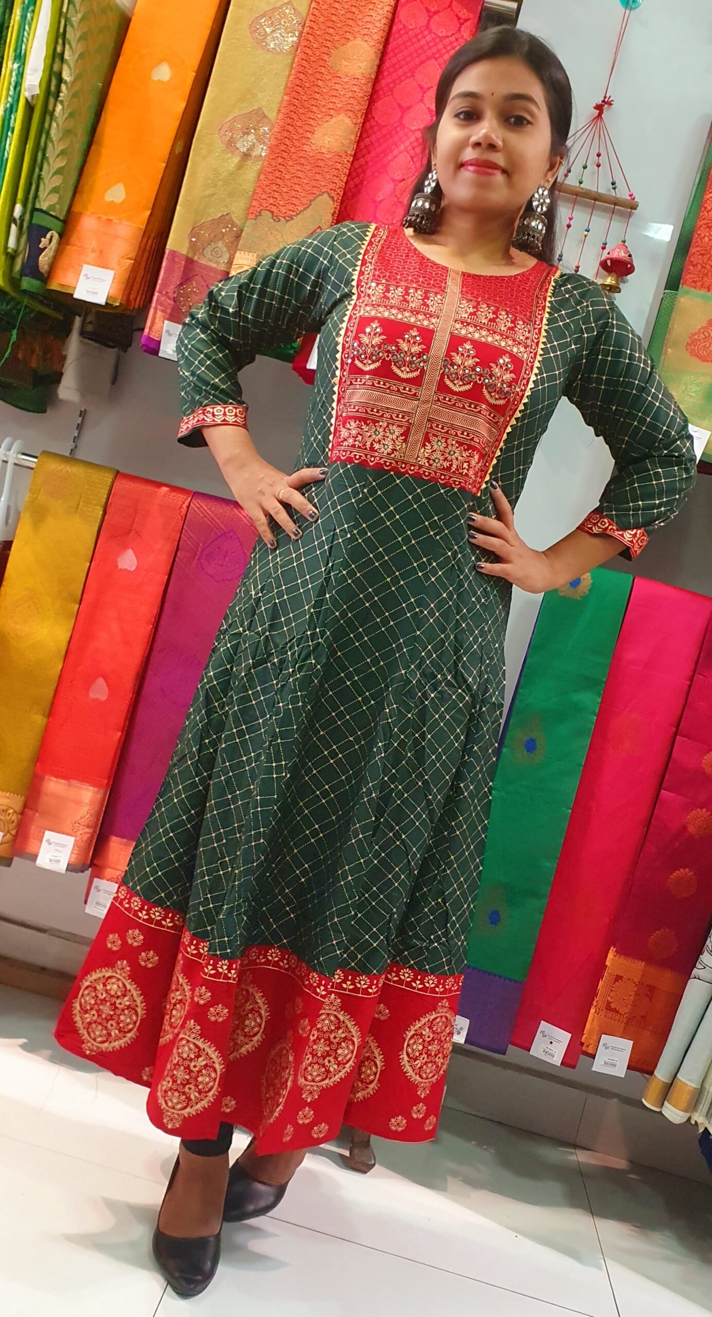 Dark Green and Marroon Gold Printed Frock Style Kurthi Dark Green and Marroon Gold Printed Frock Style Kurthi - Image 2